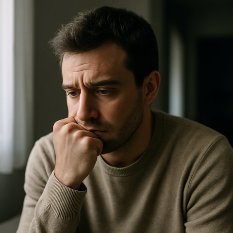 Молодой мужчина сидит один с тревожным выражением лица, задумчиво прижимая руку к губам, ожидая встречи с партнёром