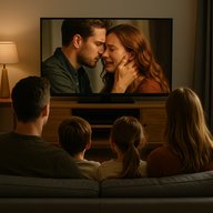 Семья из четырёх человек сидит на диване и смотрит телевизор, где показана драматическая сцена ссоры и объятий пары