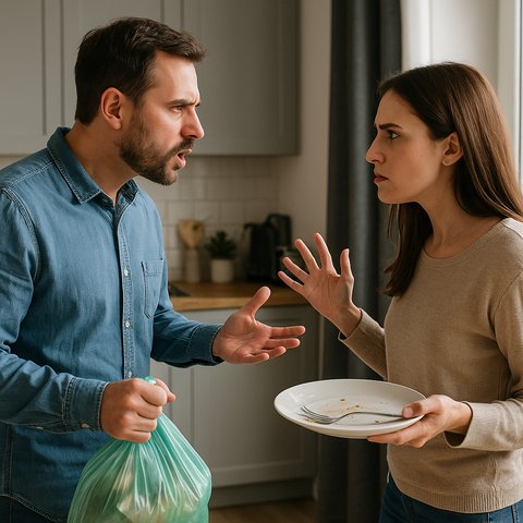 Супруги спорят на кухне из-за бытовой мелочи