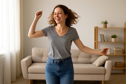 Женщина танцует у себя дома с радостью
