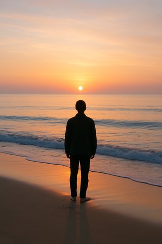 Человек стоит на берегу моря на рассвете, глядя на восходящее солнце
