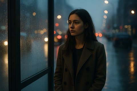 Женщина на остановке стоит одна среди огней города