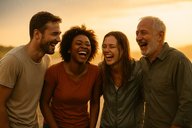 Люди смеются под дождём на закате, ощущение свободы и радости