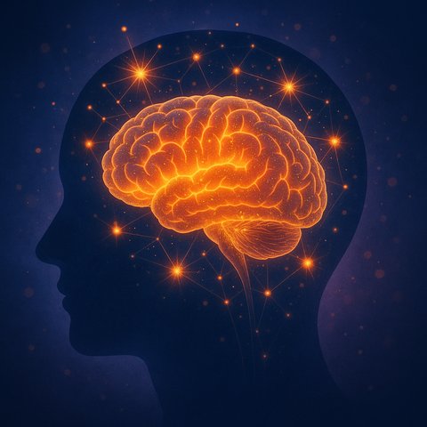 Абстрактное изображение человеческого мозга, освещённого яркими вспышками, символ активности при смехе