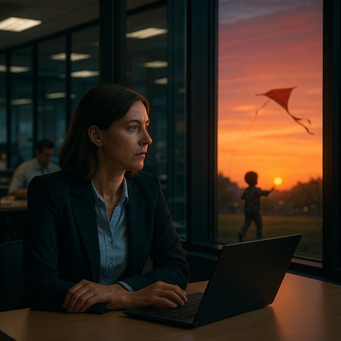 Женщина в офисе у ноутбука задумчиво смотрит на мир за окном