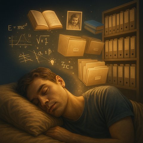 Человек спит, а из его головы всплывают книги, формулы и воспоминания, аккуратно размещаясь на полках, как в библиотеке