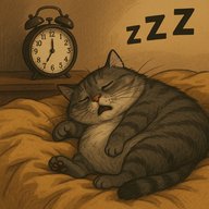 Серый кот сладко спит на кровати рядом с будильником, утро ещё не наступило