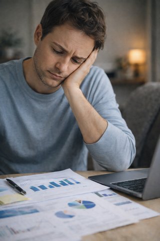 Мужчина сидит за рабочим столом и смотрит на завершённую работу без выраженной радости