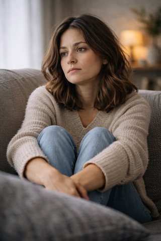 Женщина сидит дома на диване и смотрит в одну точку после рабочего дня