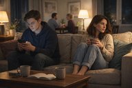 Молодая пара сидит на диване в гостиной: мужчина смотрит в телефон, женщина держит кружку и смотрит в сторону; на фоне другая пара разговаривает за столом